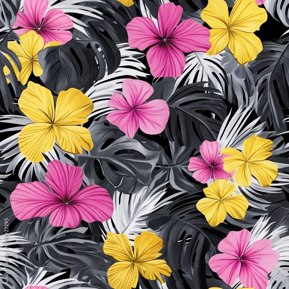 Tropical Paradise: Seamless Pattern of Vibrant Monstera, Palm Leaves, and Hibiscus Flowers Tropical Paradise: Seamless Pattern of Vibrant Monstera, Palm Leaves, and Hibiscus Flowers
