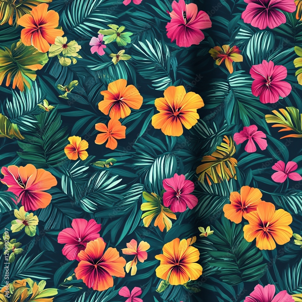Tropical Paradise: Seamless Pattern of Vibrant Monstera, Palm Leaves, and Hibiscus Flowers Tropical Paradise: Seamless Pattern of Vibrant Monstera, Palm Leaves, and Hibiscus Flowers