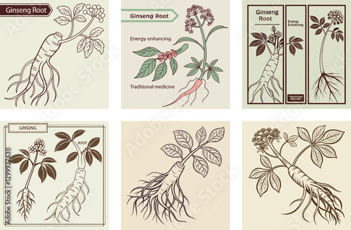 Vintage Botanical Vector Illustration of Ginseng Root Detailing Its Forked Shape and Energy-Enhancing Benefits set bundle