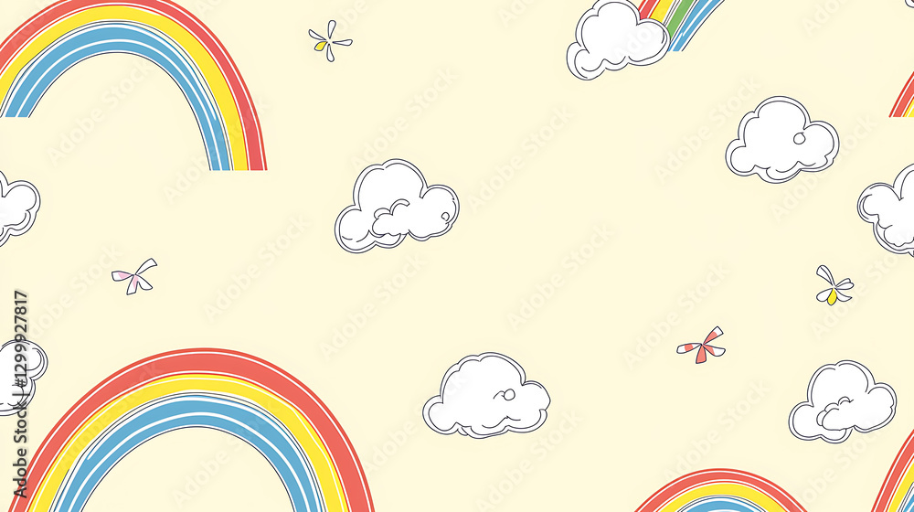 A colorful rainbow pattern with clouds and bugs flying around. generated using AI A colorful rainbow pattern with clouds and bugs flying around. generated using AI