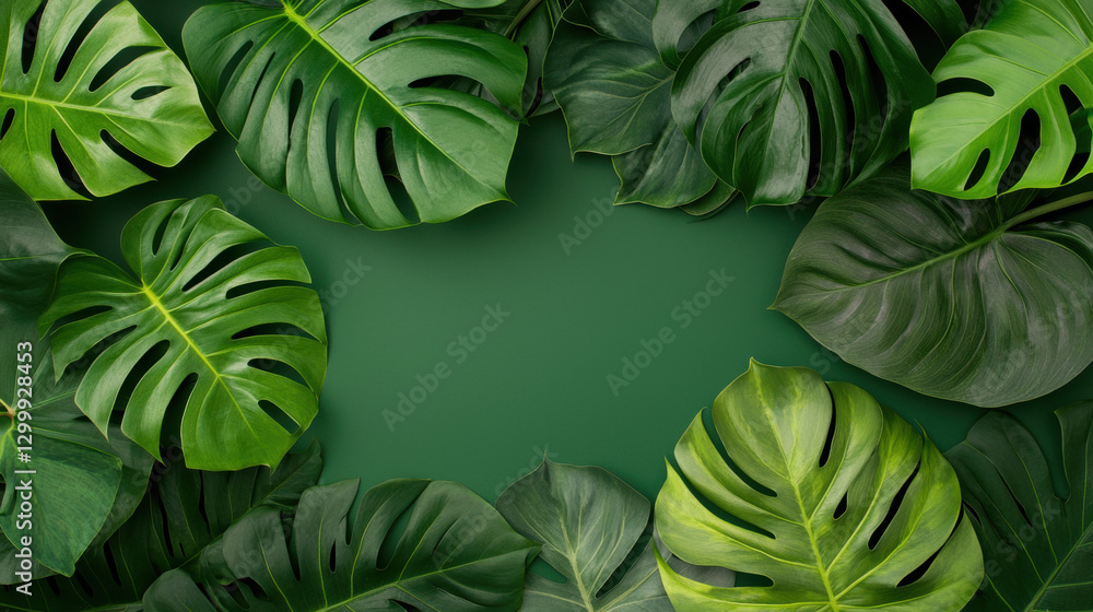 Fototapeta premium Lush green leaves frame a solid background, creating a natural aesthetic.