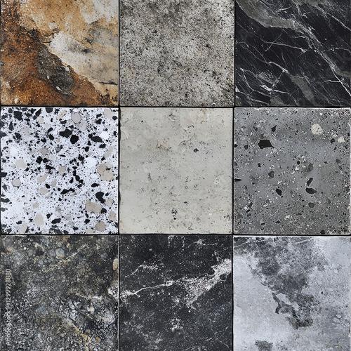 A mosaic of various stone textures showcases the beauty and diversity of natural stone. Ideal for design enthusiasts, architects, and those looking to enhance their projects. photo