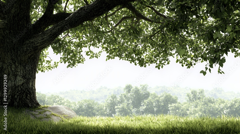 Majestic Oak Tree in Summer Sunlight Overlooking Lush Green Forest Majestic Oak Tree in Summer Sunlight Overlooking Lush Green Forest