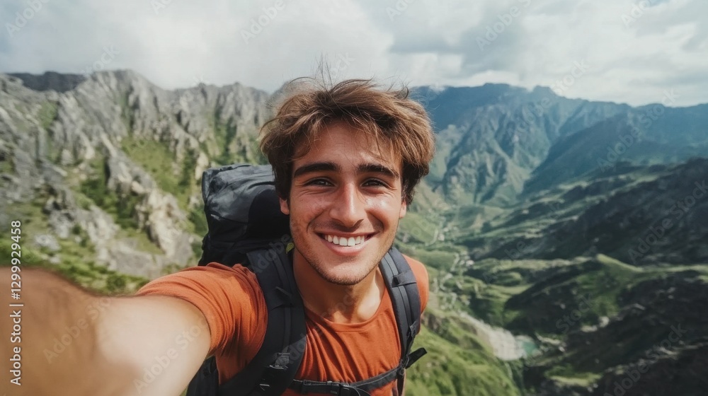 Naklejka premium Handsome young man with backpack taking selfie outdoors - Happy hiker standing in front of mountains - Travel blogger enjoying nature view on summer trip