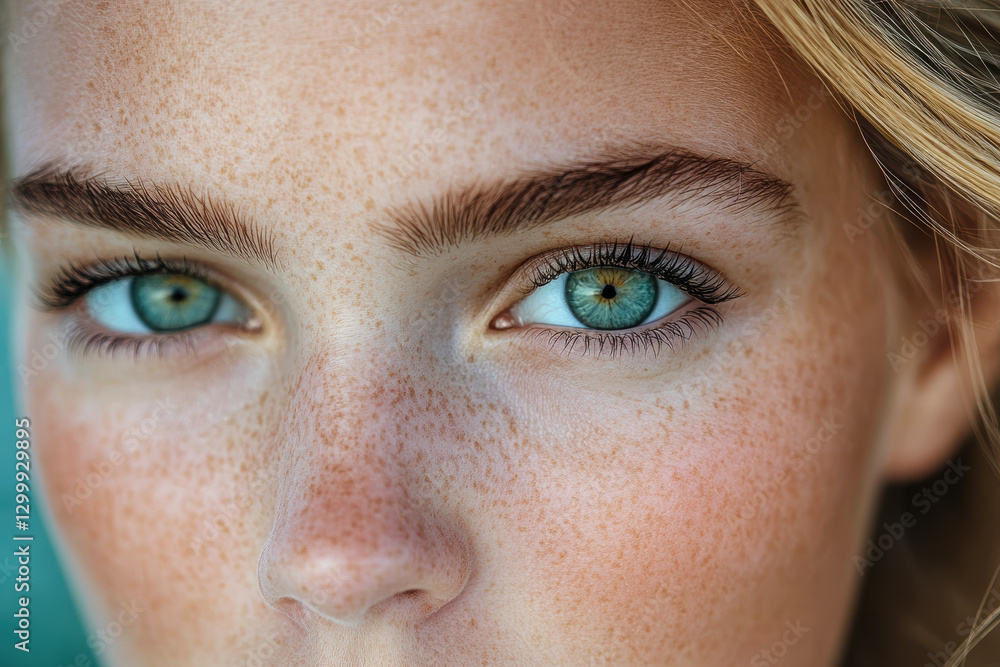 Fototapeta premium A close-up of a young woman's face showcasing her striking green eyes and freckles, framed by her flowing blonde hair.