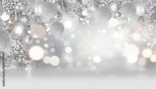 Silver holiday ornaments shine, creating a bright backdrop for winter, celebration and festive designs