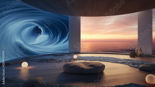 Immersive ocean-themed room for meditation and relaxation, featuring calming visuals, soft lighting, and serene elements like stones