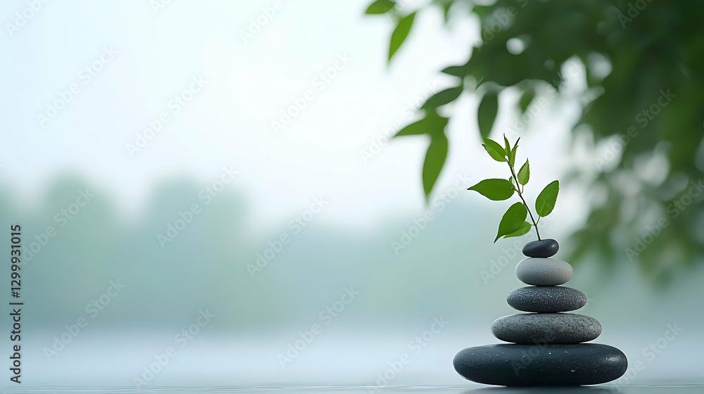 Stack Of Stones With Green Leaves In Calm Nature Setting With Blurred Background Stack Of Stones With Green Leaves In Calm Nature Setting With Blurred Background