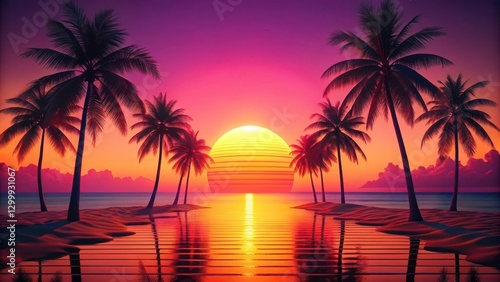 Retro neon beach sunset with palm trees and a sandy shore in a warm orange glow