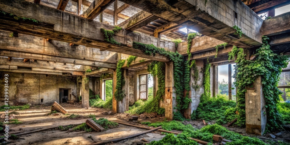 Crumbling concrete walls with ivy growth and decayed wood beams in a long-abandoned Crumbling concrete walls with ivy growth and decayed wood beams in a long-abandoned