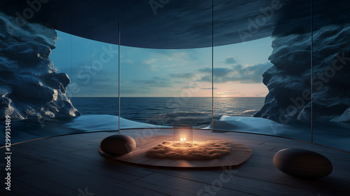 Immersive ocean-themed room for meditation and relaxation, featuring calming visuals, soft lighting, and serene elements like stones and candles