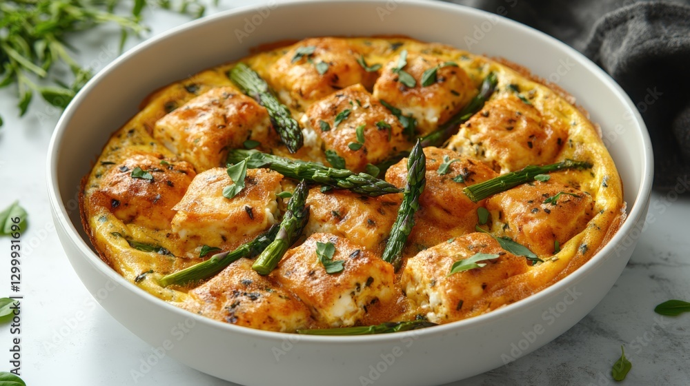 Fluffy asparagus and goat cheese frittata served with fresh herbs in a modern dish Fluffy asparagus and goat cheese frittata served with fresh herbs in a modern dish
