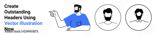 Male figure pointing to text, accompanied by two minimalist beard portrait icons. Ideal for branding, header design, digital identity, creative ideas, templates, web design, flat landing page banner