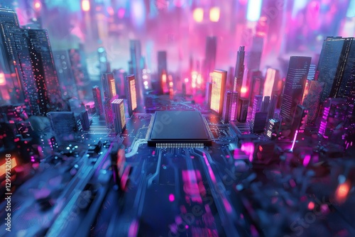 A blank, unbranded chip floating above a modern city background