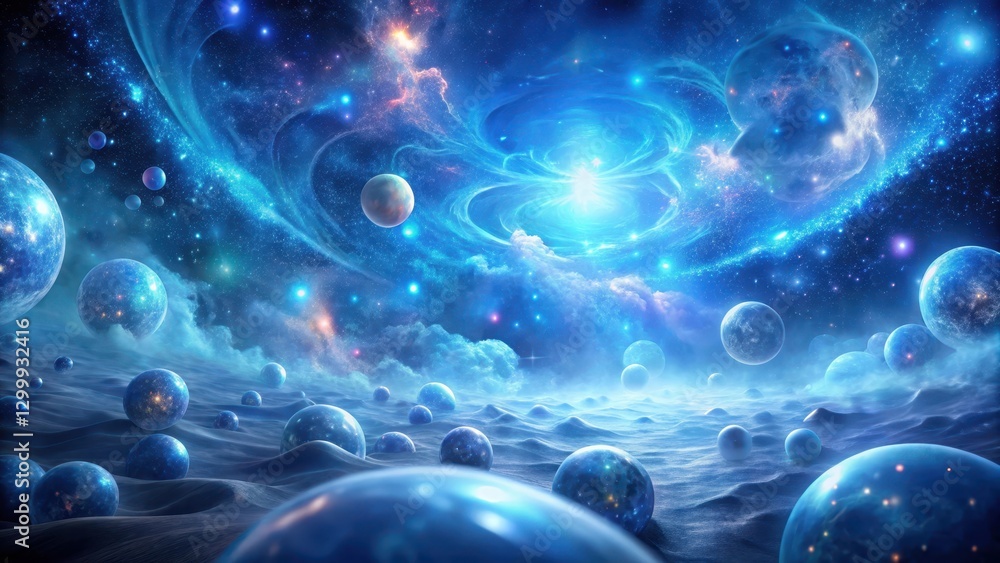 Ethereal atmosphere, swirling blue molecules suspended in a vibrant, otherworldly void, evoking an aura of mystery and the unknown, luminous particles, nebulae atmosphere Ethereal atmosphere, swirling blue molecules suspended in a vibrant, otherworldly void, evoking an aura of mystery and the unknown, luminous particles, nebulae atmosphere
