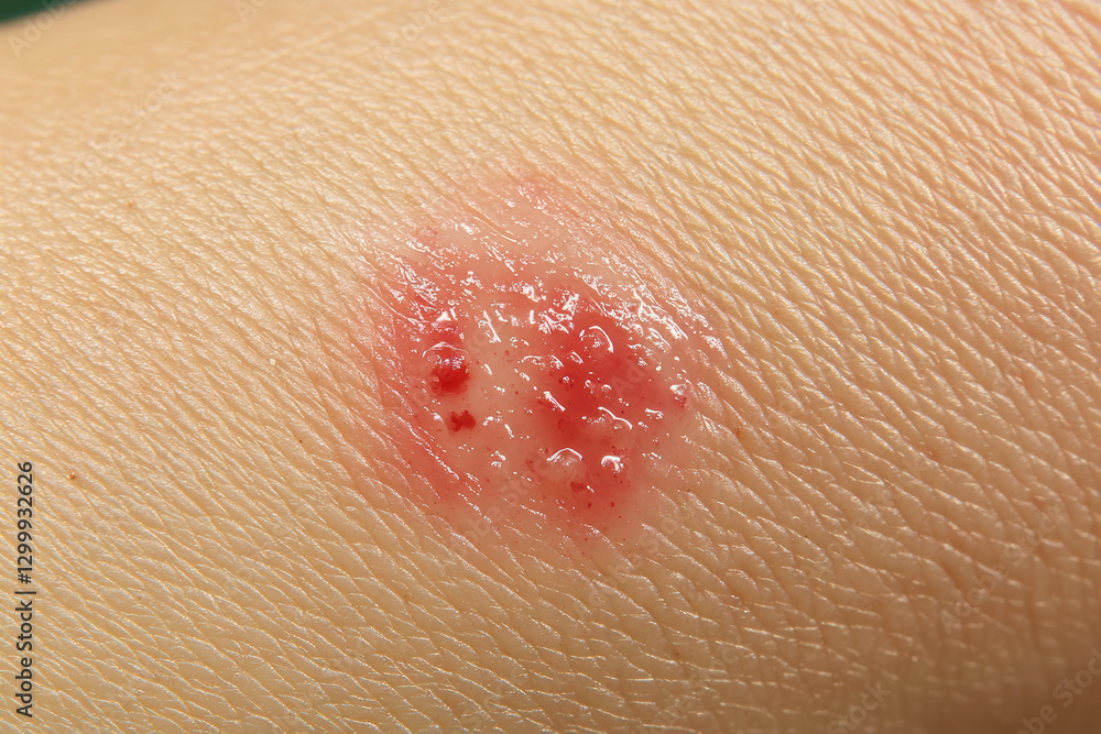 Fototapeta premium A close-up of a skin lesion displaying redness and fluid, indicating possible inflammation or infection.