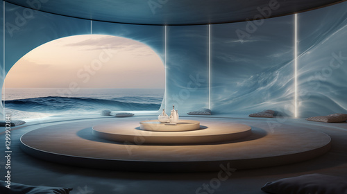 Immersive ocean-themed room for meditation and relaxation, featuring calming visuals, soft lighting, and serene elements like stones