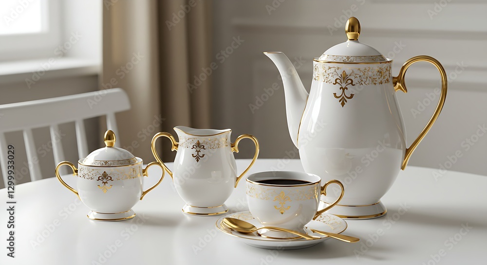 Fototapeta premium An elegant white porcelain coffee set with a gold spoon on a white table
