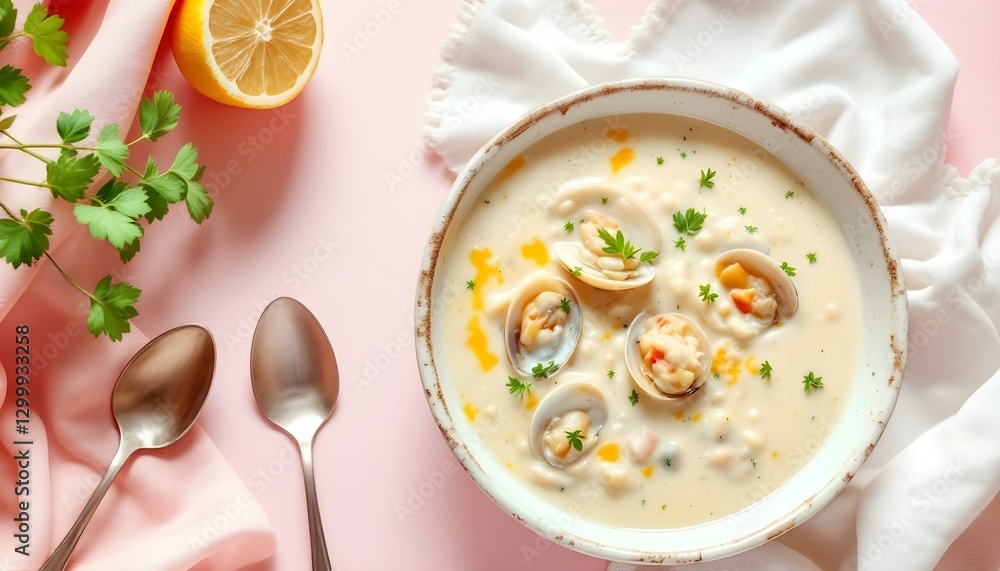 A colorful bowl of clam chowder with clams and lemon, set against a pink background, celebrating summer cuisine A colorful bowl of clam chowder with clams and lemon, set against a pink background, celebrating summer cuisine