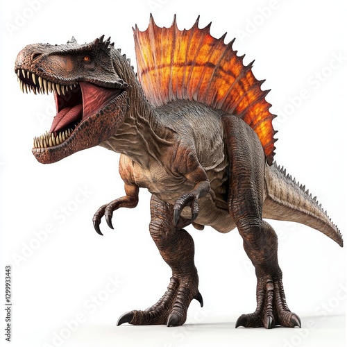 Roaring Spinosaurus Dinosaur 3D Render Brown Orange Scales White Background