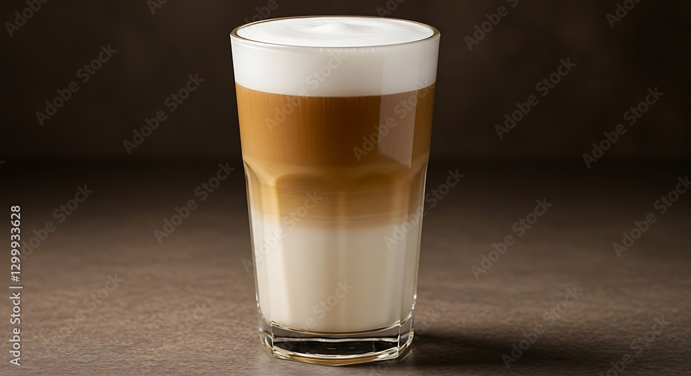 A latte macchiato in a tall glass, distinct coffee and milk layers visible. A latte macchiato in a tall glass, distinct coffee and milk layers visible.