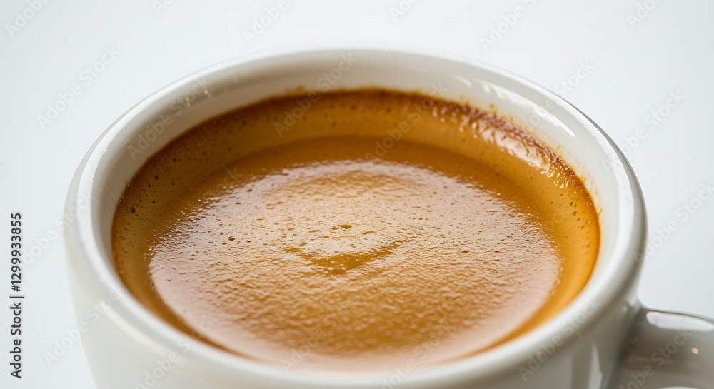 A close-up shot of espresso crema in a tiny cup, set against a white backdrop A close-up shot of espresso crema in a tiny cup, set against a white backdrop