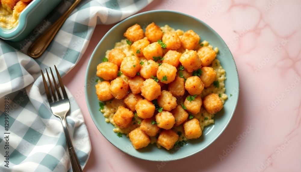 A serving of cheesy gnocchi on a plate with a fork, capturing the essence of summer cuisine and Tater Tot Hotdish A serving of cheesy gnocchi on a plate with a fork, capturing the essence of summer cuisine and Tater Tot Hotdish
