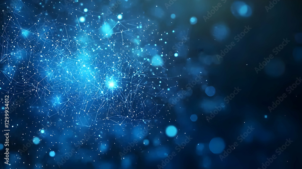 Abstract Blue Digital Network Connecting Data Points on Dark Background with Glowing Bokeh Lights Abstract Blue Digital Network Connecting Data Points on Dark Background with Glowing Bokeh Lights
