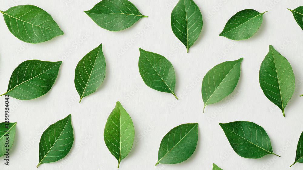 Scattered green leaves on a light background. Scattered green leaves on a light background.