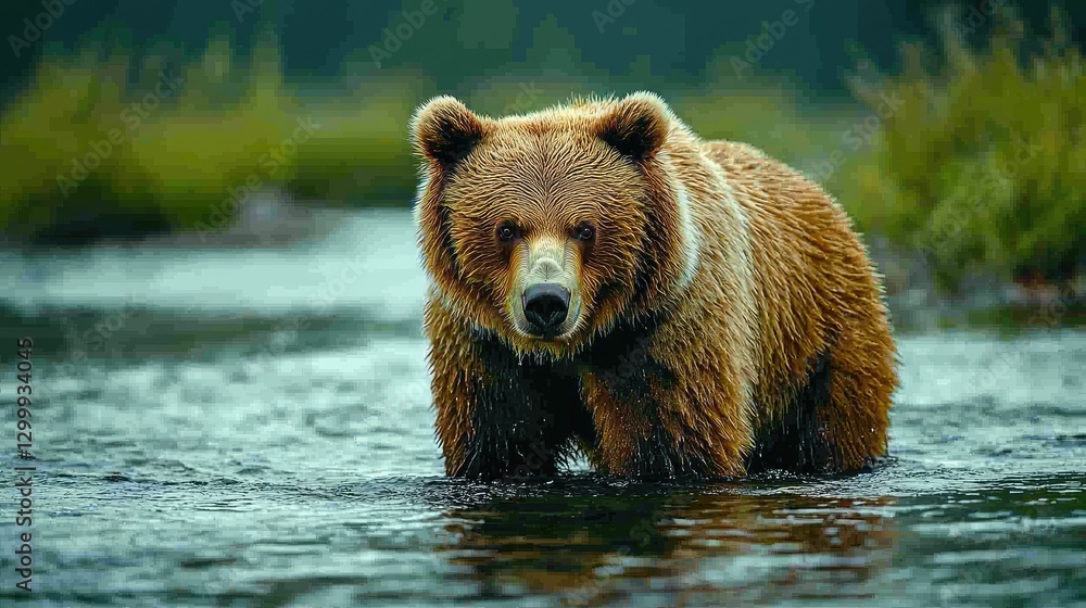 Obraz premium Majestic brown bear wading through a serene river surrounded by lush greenery and wildlife