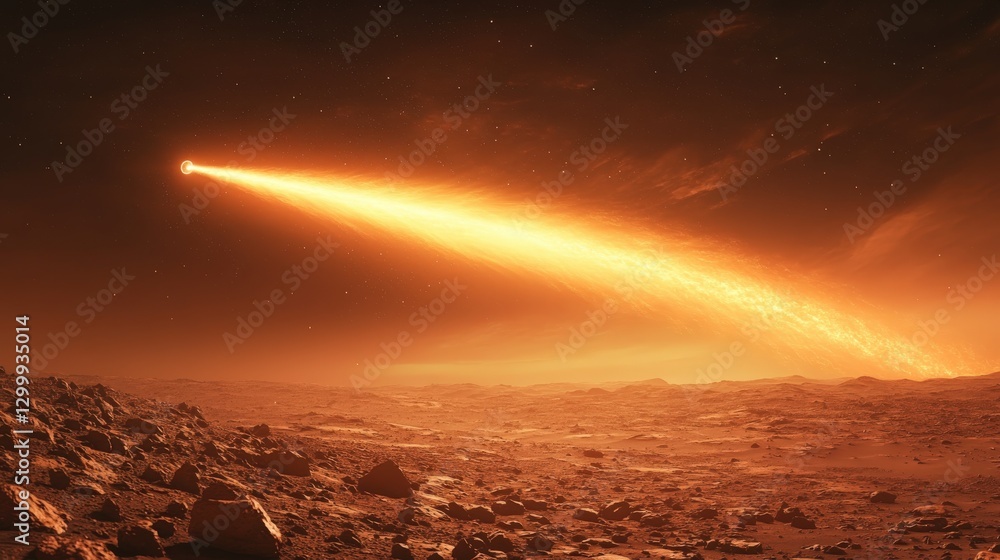 Comet streaking across the Martian sky with a glowing tail illuminating the landscape Comet streaking across the Martian sky with a glowing tail illuminating the landscape