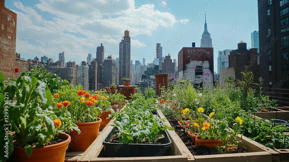 Fototapeta premium Urban Rooftop Garden: Vibrant Blooms and City Skyline