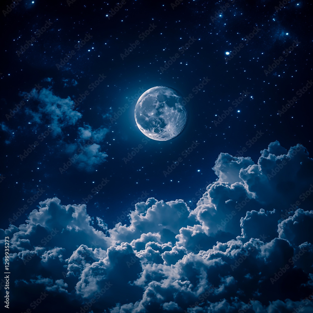 Serene night sky illuminated with full moon and dark clouds background Serene night sky illuminated with full moon and dark clouds background