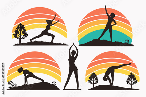 set of Yoga Sunset Silhouette vector illustration