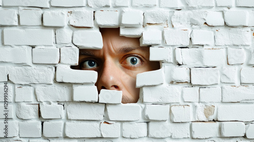 This conceptual image portrays a man's face emerging through a white wall creating a striking 3D illusion. AI generative