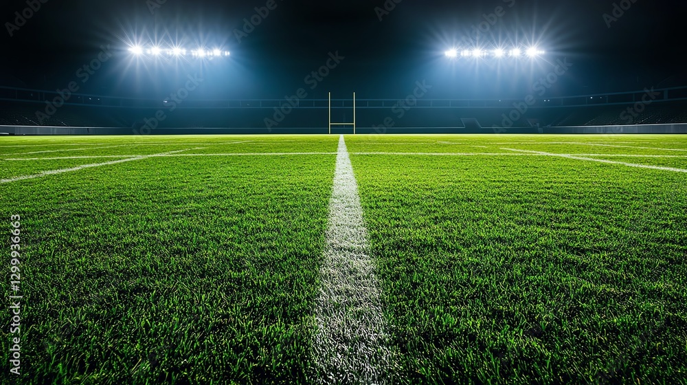 Obraz premium Empty football field with bright lights focused on the center, lush green turf, dramatic lighting, highdefinition resolution