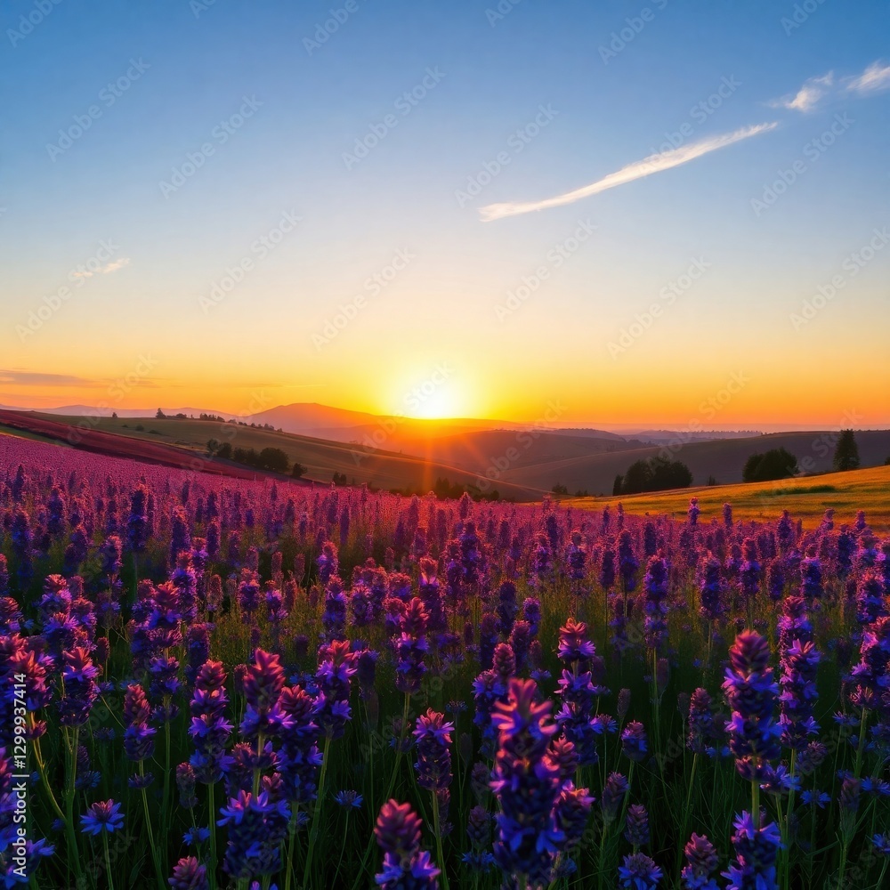 Naklejka premium Enchanting Lavender Field at Sunrise, A Serene Morning Landscape