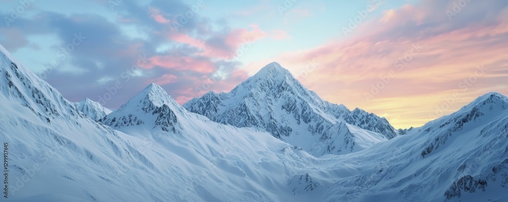 Fototapeta premium Extreme weather adventures in snow-covered mountains with frozen landscapes and dramatic skies reflecting vibrant sunset colors.