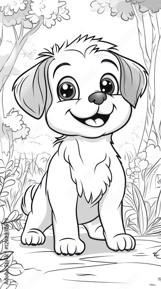 Fototapeta premium Cute baby dog coloring page for kids surrounded by nature's greenery fun art activity for young artists