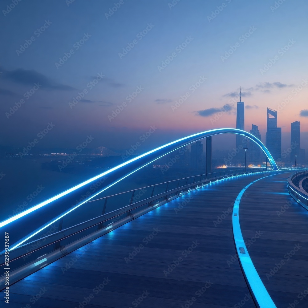 Obraz premium Futuristic illuminated bridge leading to a modern city skyline at dusk