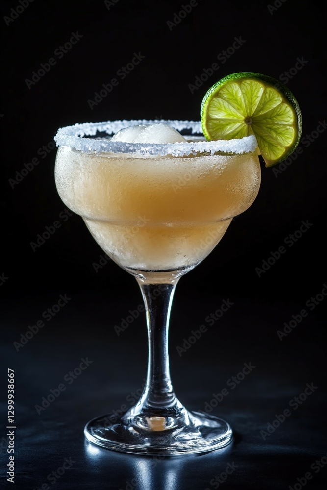Frozen margarita served in a frosted glass with salt rim and lime garnish Frozen margarita served in a frosted glass with salt rim and lime garnish
