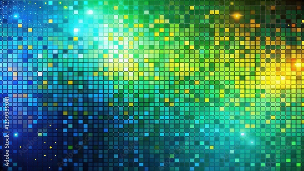 Colorful geometric abstract background with small dots and squares in varying shades of blue, green, and yellow, creating a sense of dynamic movement, vibrant colors, abstract background Colorful geometric abstract background with small dots and squares in varying shades of blue, green, and yellow, creating a sense of dynamic movement, vibrant colors, abstract background