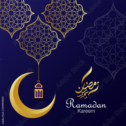 Elegant Ramadan Kareem Background with Golden Crescent Moon Hanging Lantern and Arabic Calligraphy on Dark Blue  Perfect for Eid Greetings Islamic Festivities and Social Media Posts