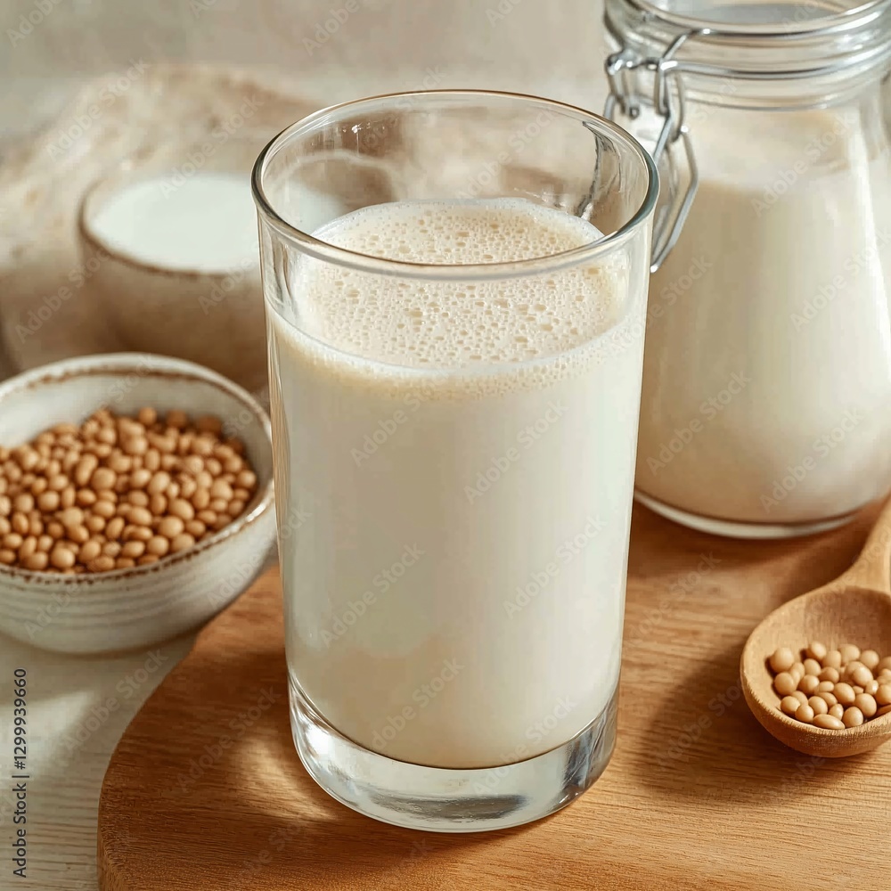 glass of soy bean milk on the table glass of soy bean milk on the table