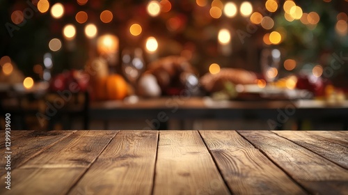 Fototapeta Naklejka Na Ścianę i Meble -  Rustic wooden table against a blurred Thanksgiving feast backdrop. Ideal for showcasing food, drinks, or autumnal products.
