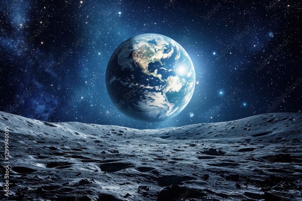 Obraz premium A breathtaking view of Earth from the lunar surface, showcasing the serene beauty of space and our planet against the vastness of the cosmos.