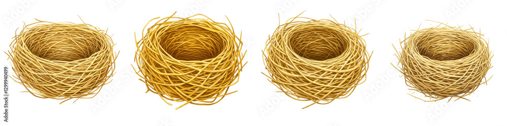 Four Golden Bird Nests on Transparent Background Four Golden Bird Nests on Transparent Background