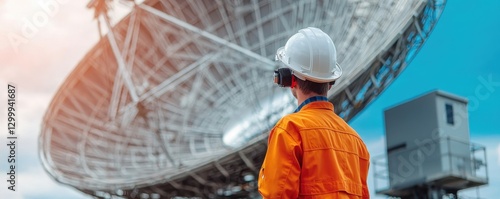 Engineer in safety gear observing a large satellite dish against a bright sky.