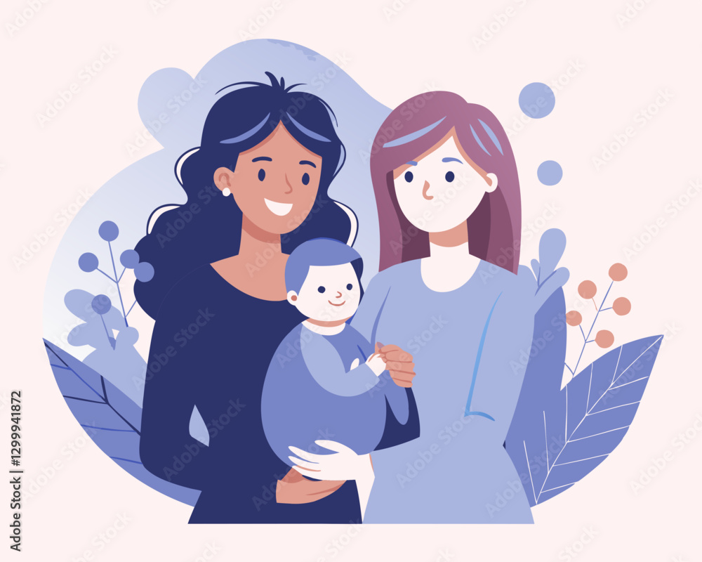 Lesbian Family – Vector Illustration of Two Women Holding a Newborn Baby Lesbian Family – Vector Illustration of Two Women Holding a Newborn Baby