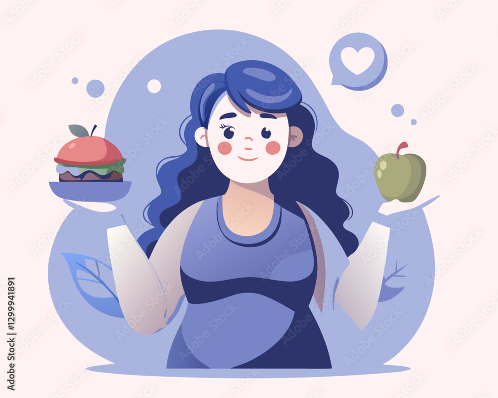 Fototapeta premium Diet Choice Overweight Woman Apple Hamburger